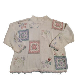 Vintage Rebecca Stone Chunky 3D Womens  Medium Cable Knit Crochet Floral Sweater